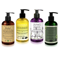 Backside image of Mega Massage Oil Bundle, showcasing the back of each of the bottles. Relief Arnica Massage Oil, Renew Massage Oil, Relax Therapeutic Massage Oil, Refresh Therapeutic Massage Oil