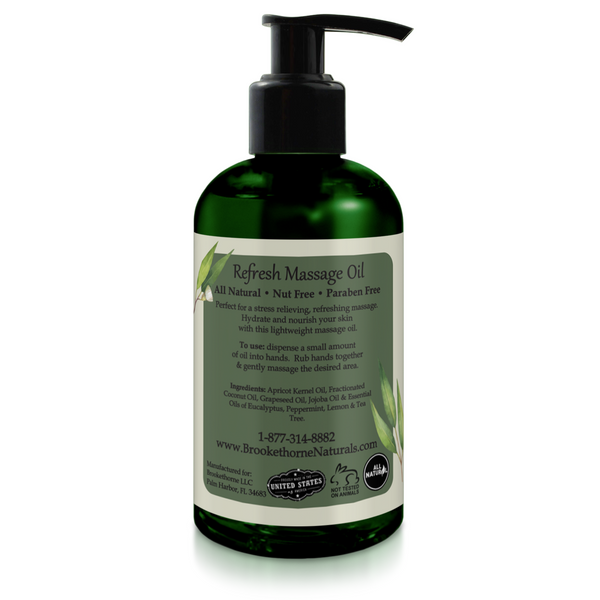 Back of Refresh Massage Oil, Showcasing the ingredients