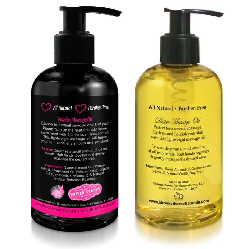Back of Passion Sensual Massage Oil and Desire Sensual Massage Oil bottles