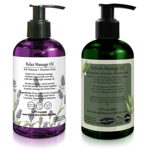 Back of Therapeutic Massage Bundle; Relax Massage Oil and Refresh Massage Oil