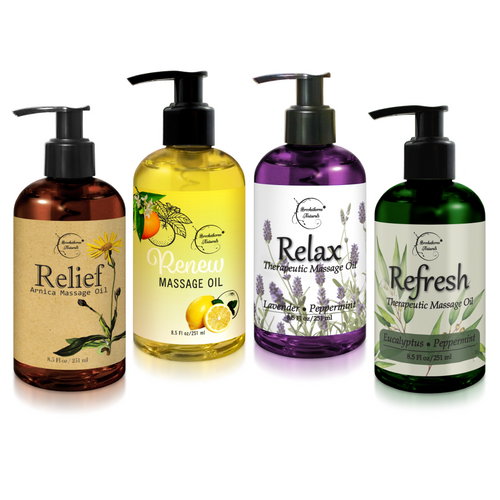 Mega Massage Oil Bundle: Relief Arnica Massage Oil, Renew Massage Oil, Relax Therapeutic Massage Oil, Refresh Therapeutic Massage Oil